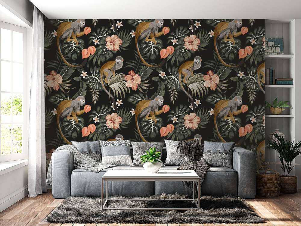 Liście tropikalne z małpami