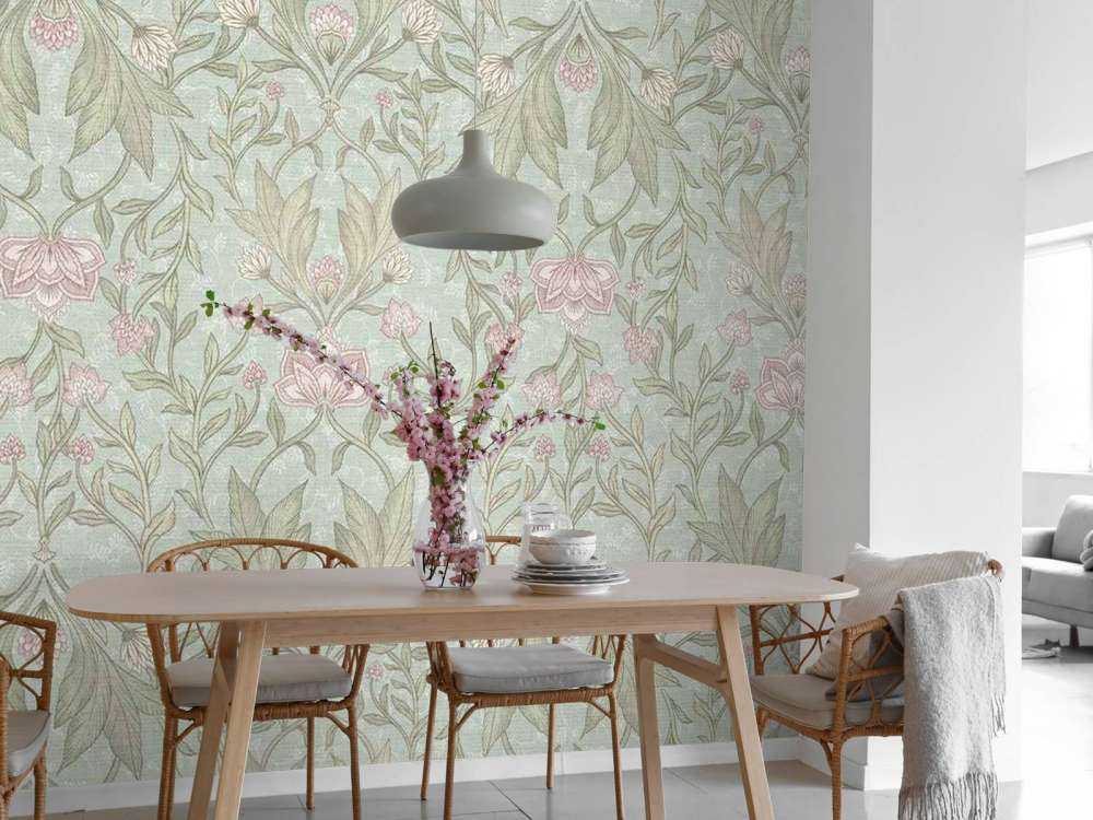 Kwiatowy adamaszek Morris - miętowa zieleń