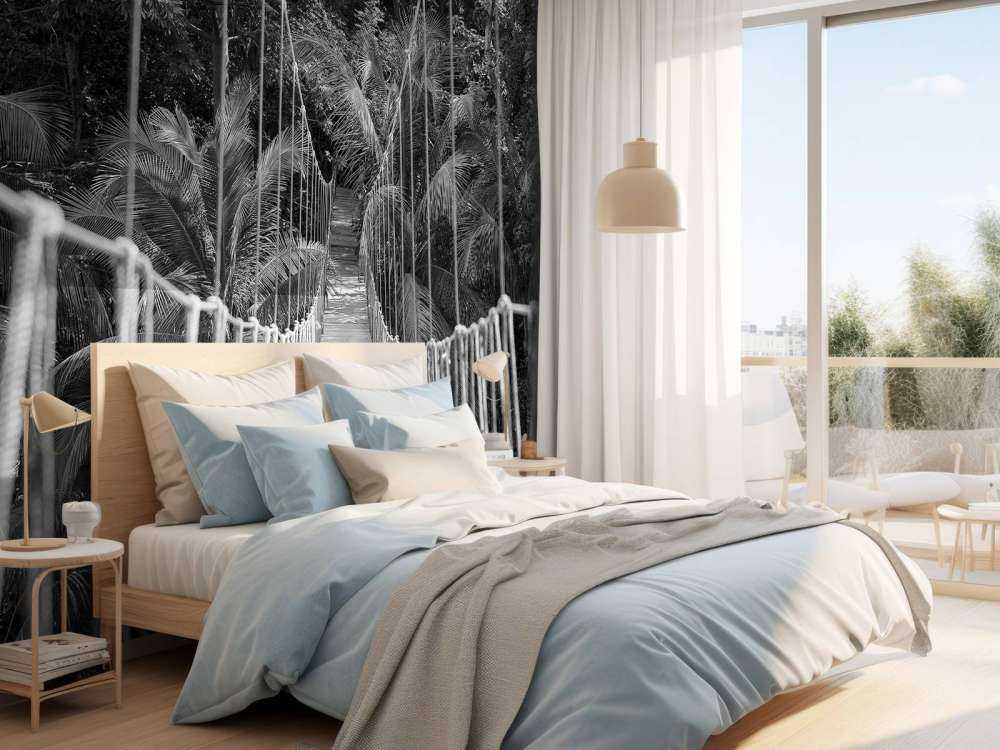 Drewniany mostek między palmami