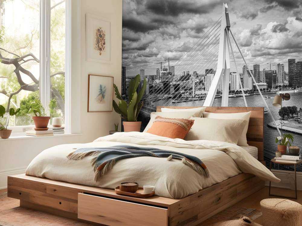 Centrum Rotterdamu z dużej wysokości w czerni i bieli 