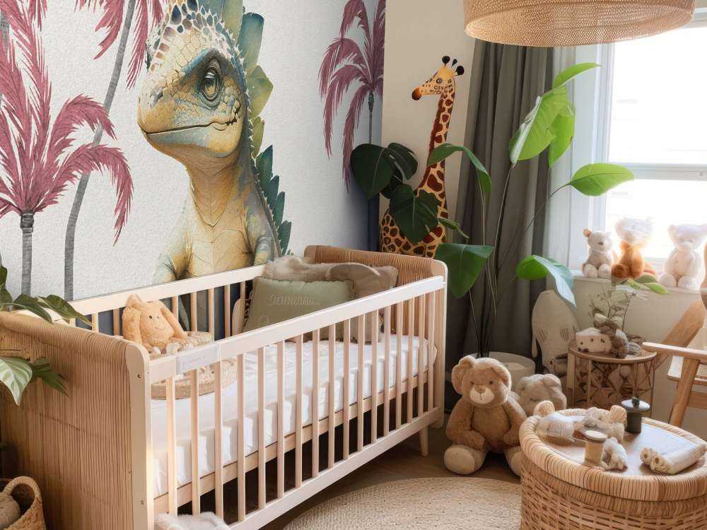 Młody stegozaur w różowej dżungli