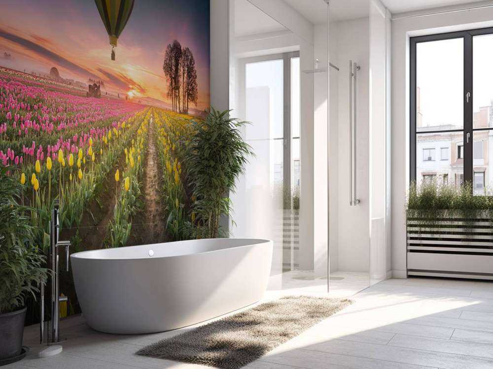 Różowo-żółte pole tulipanów