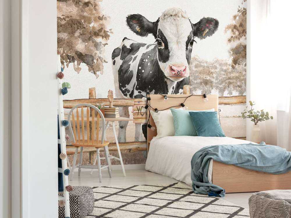 Młoda krowa na łące taupe