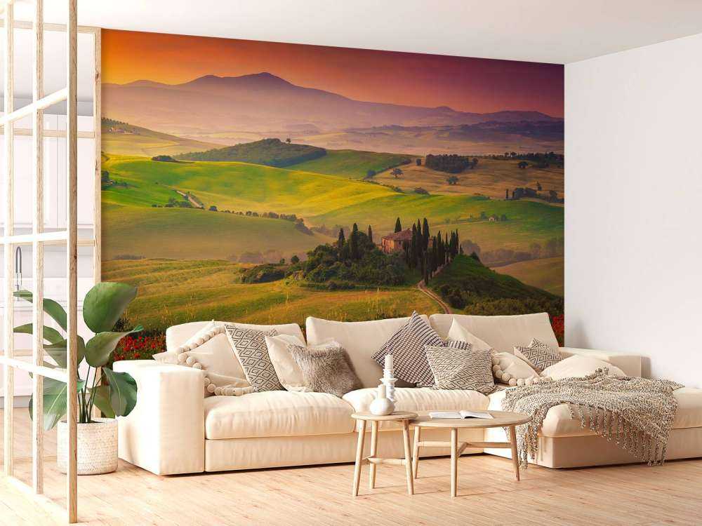 Czerwone maki z włoskim krajobrazem