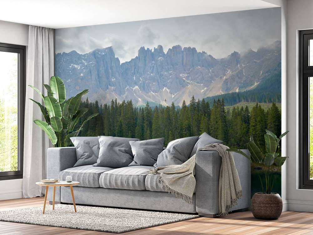 Rząd drzew w pobliżu górskiego jeziora