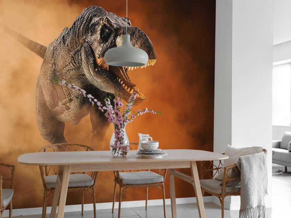 Tyranozaur idący przez dym