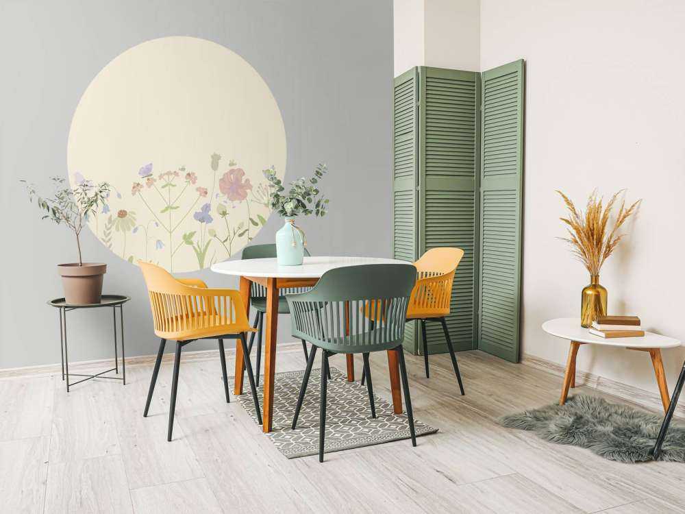 Pole kwiatów z motylami beżowy, stary różowy, zielony i liliowy