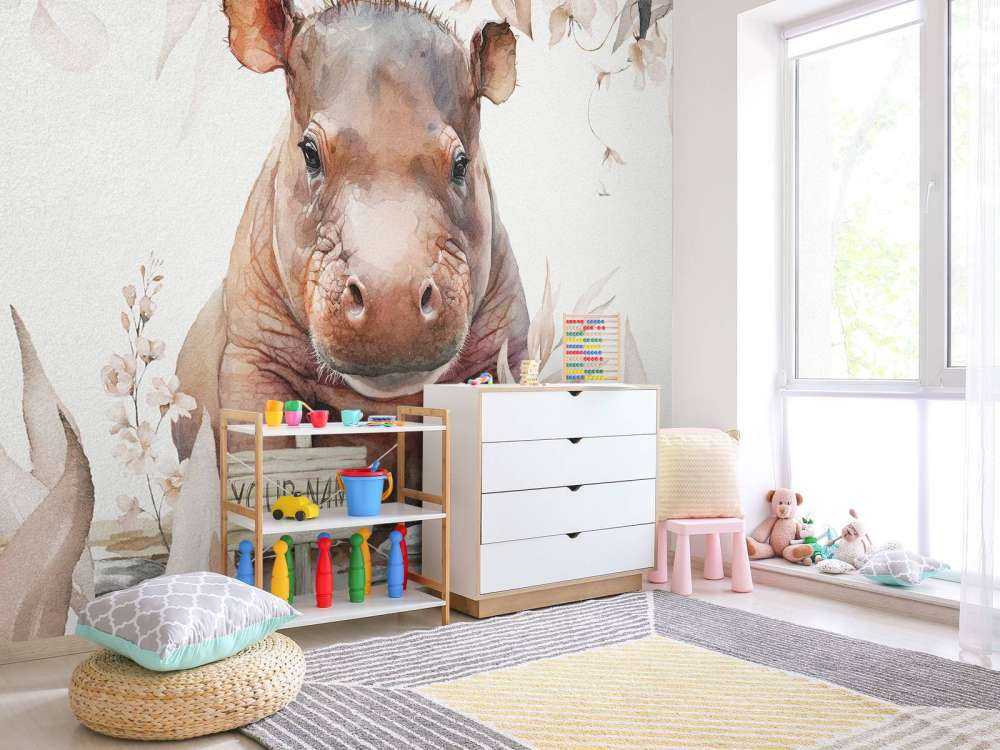 Mały hipopotam w liściach w kolorze beżowym