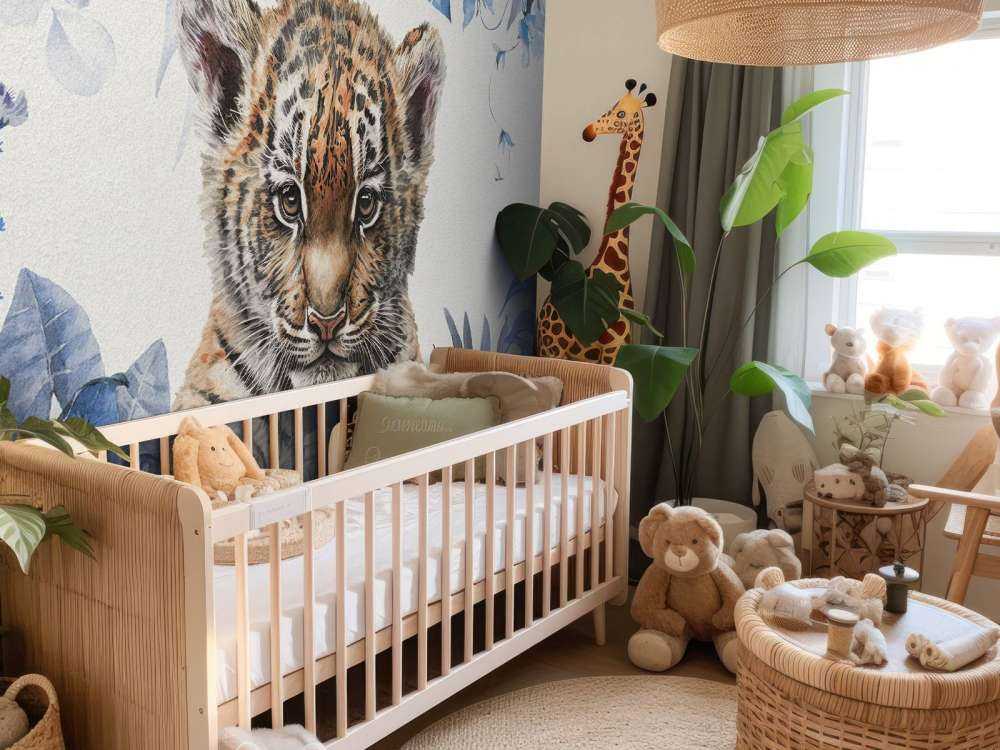 Śliczny tygrys z roślinami w kolorze niebieski