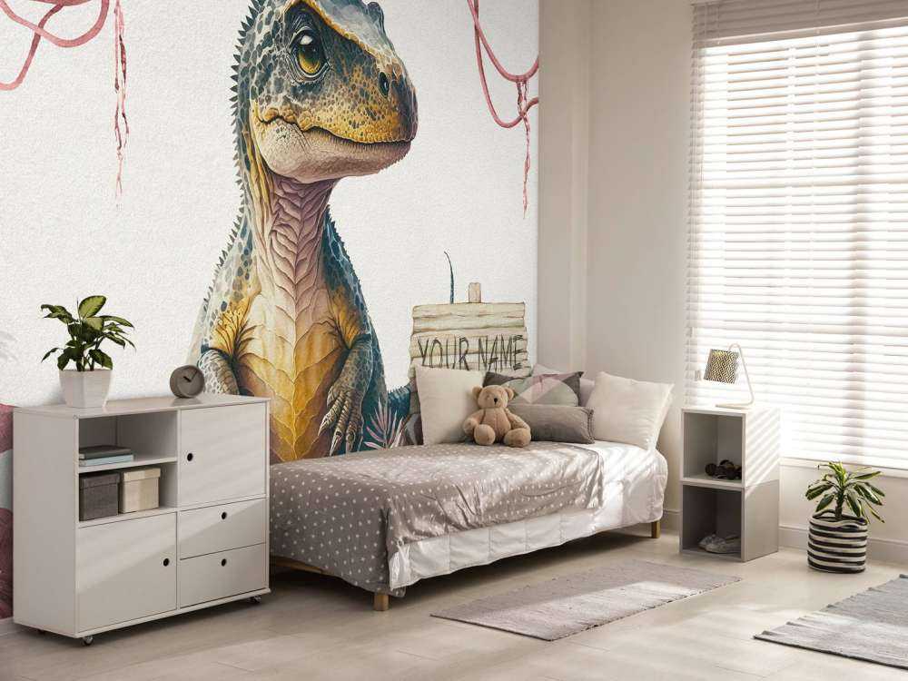 Młody t-rex w różowej dżungli