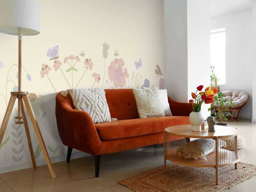 Pole kwiatów z motylami beżowy, stary różowy, zielony i liliowy