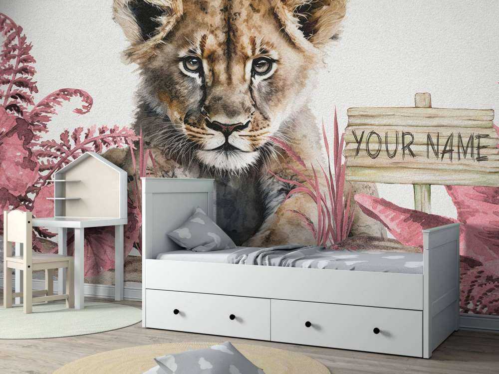 Młody lew w dżungli w kolorze różowym