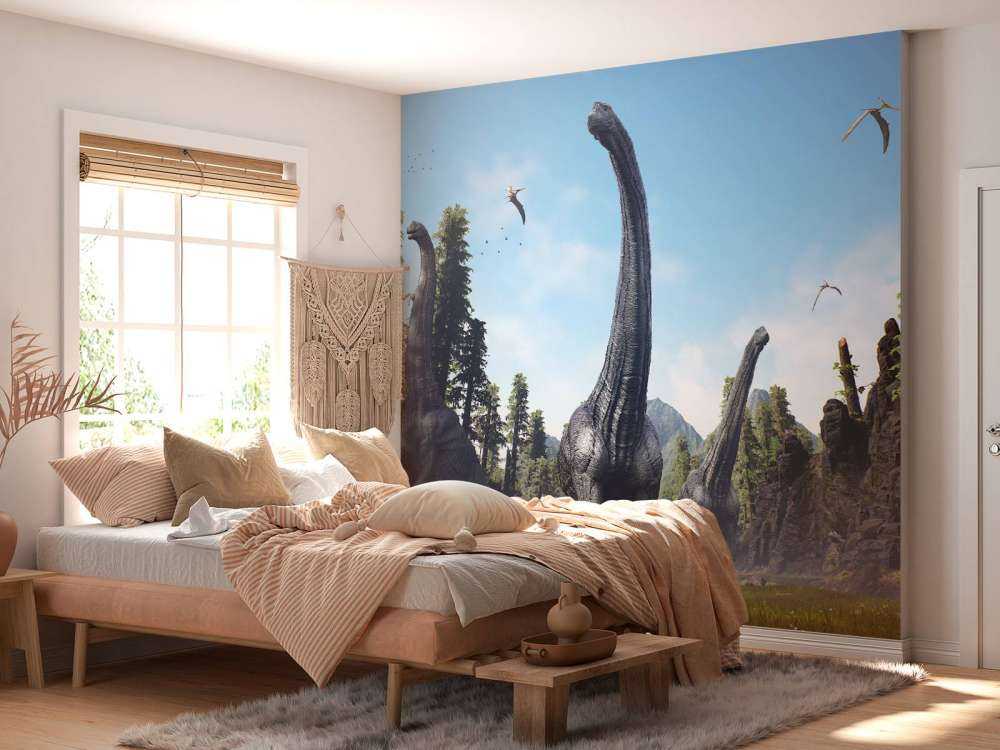 Grupa Alamosaurus idąca przez dolinę