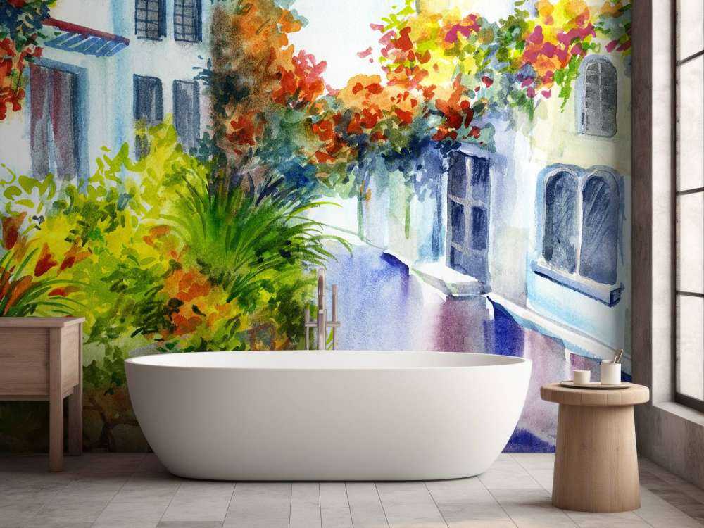 Akwarelowe kwiaty i budynki