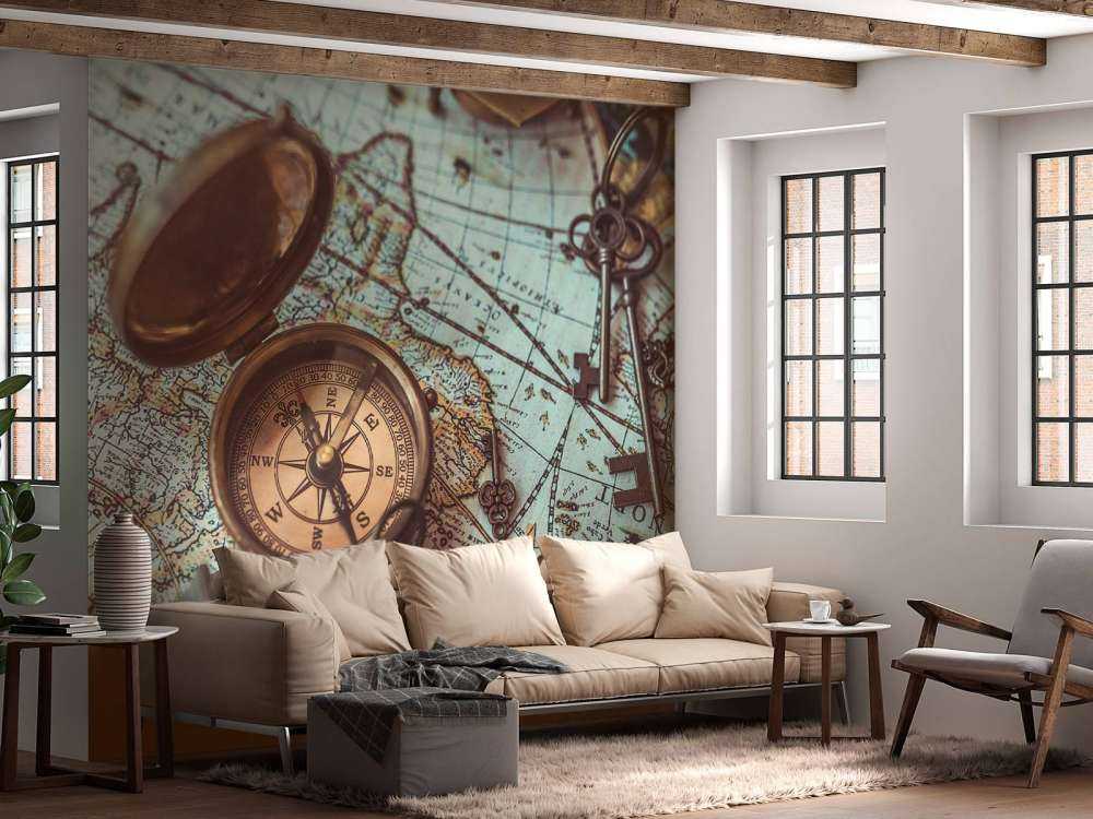 Historyczna mapa świata z kompasem - Fototapety.com