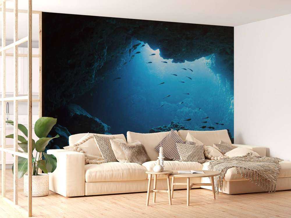 Podwodna jaskinia z rybami