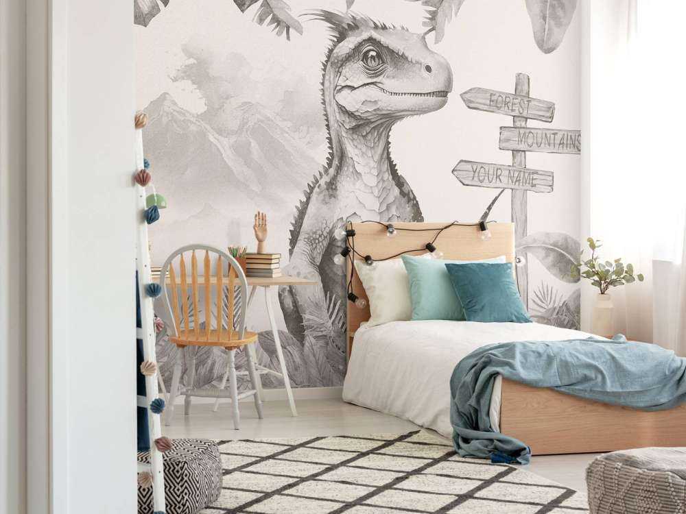 Młody velociraptor w beżowej dżungli