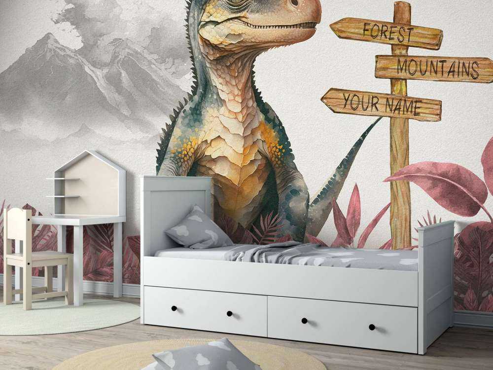 Młody velociraptor w różowej dżungli