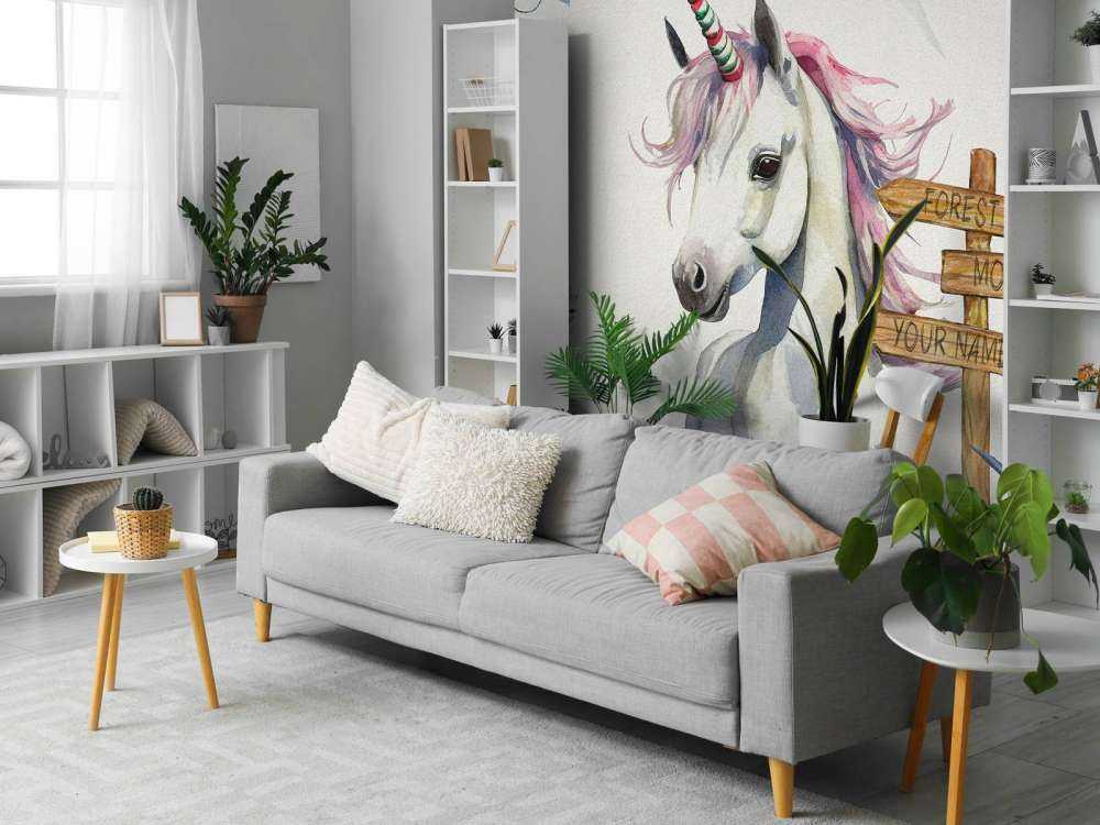 Mały jednorożec z roślinami niebieski