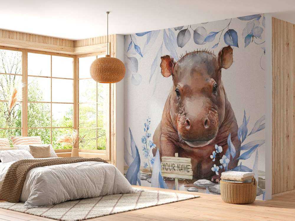 Mały hipopotam w liściach w kolorze niebieskim