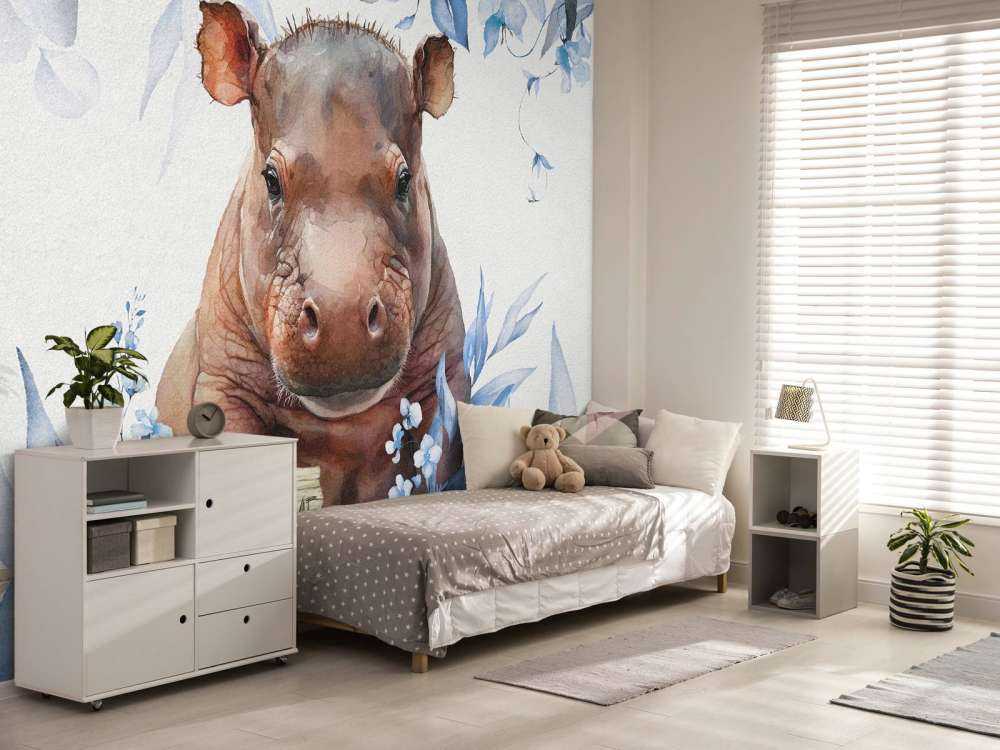 Mały hipopotam w liściach w kolorze niebieskim