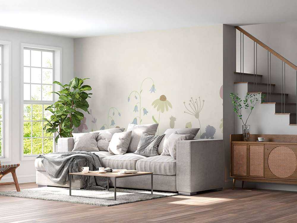 Pole kwiatów w wysokim beżu, starym różu, zieleni i bzie