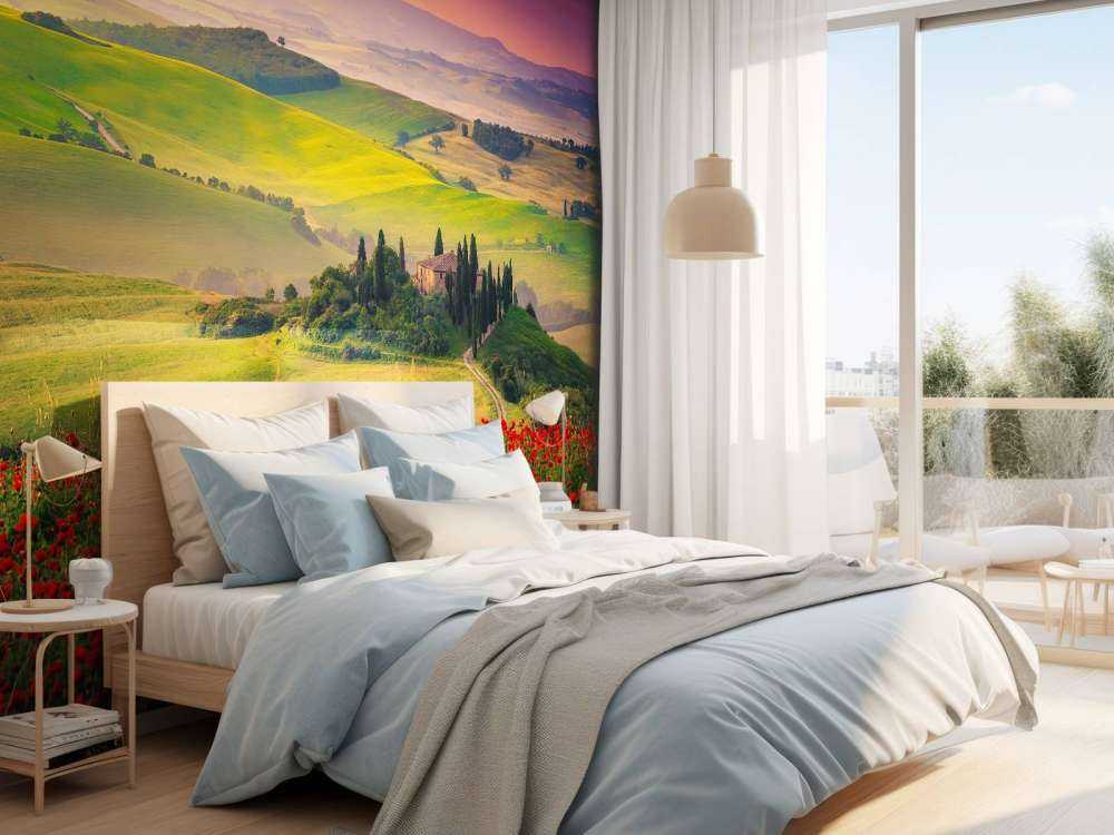 Czerwone maki z włoskim krajobrazem