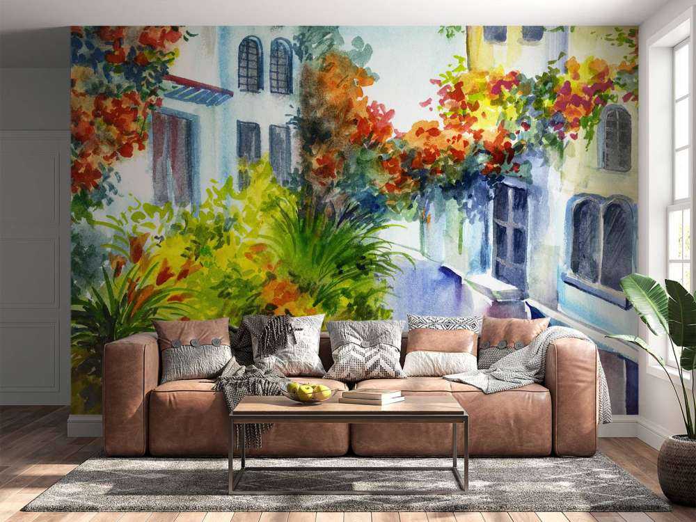 Akwarelowe kwiaty i budynki