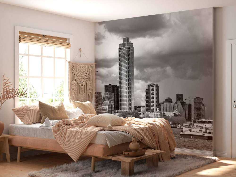 Skyline Rotterdamu (Westerkade) z Katendrecht (czarno-biały) 