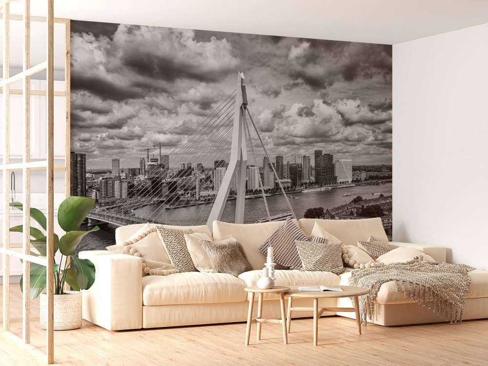 Centrum Rotterdamu z dużej wysokości w czerni i bieli 