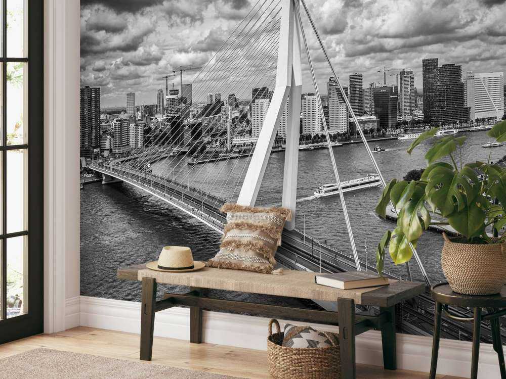 Centrum Rotterdamu z dużej wysokości w czerni i bieli 