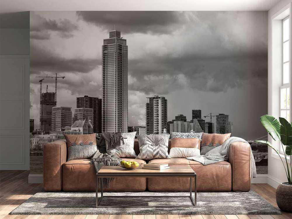 Skyline Rotterdamu (Westerkade) z Katendrecht (czarno-biały) 