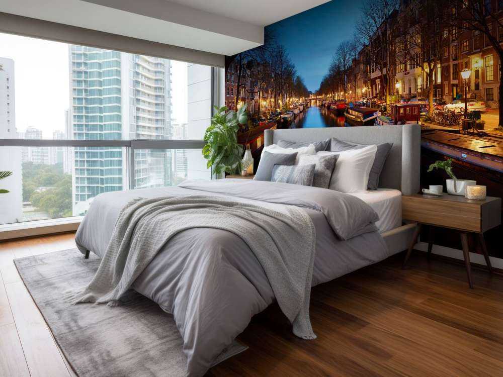 Barki wzdłuż podświetlonego kanału