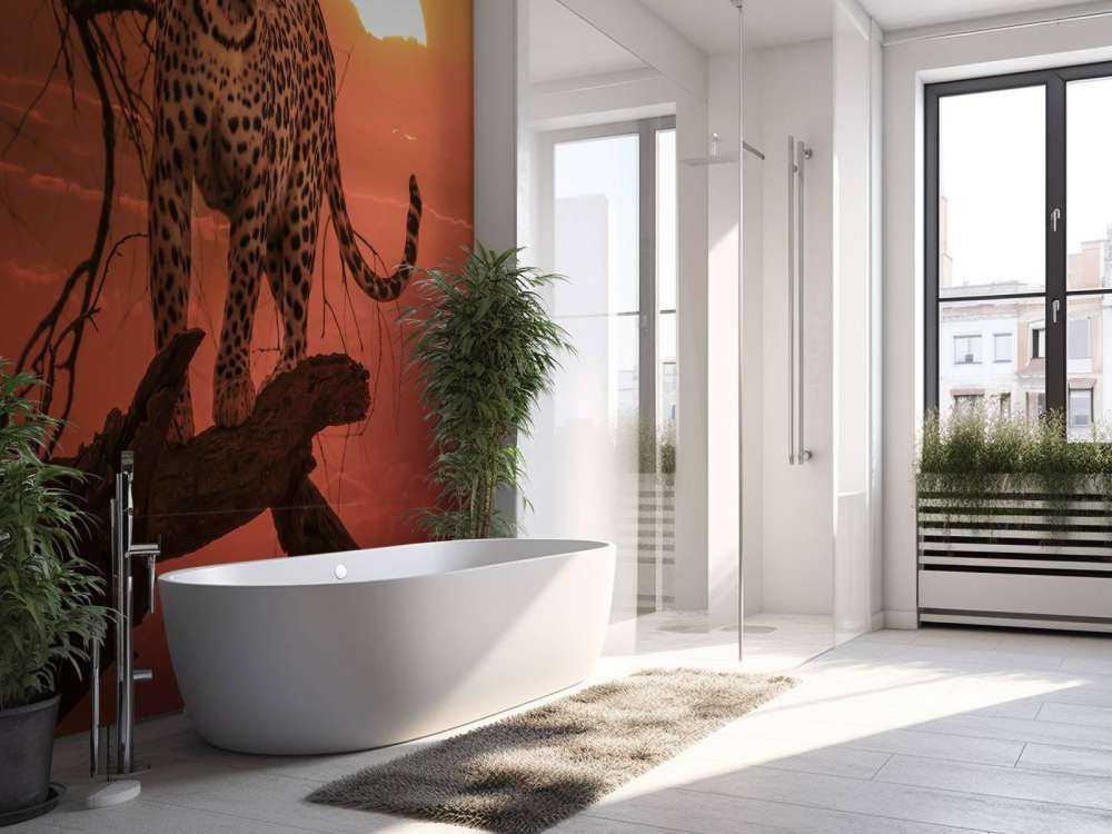 Lampart na tle zachodzącego słońca